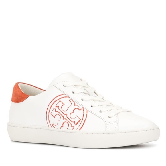 Tory Burch T-LOGO Leather Low Top Sneaker Orange - Picture 3 of 12